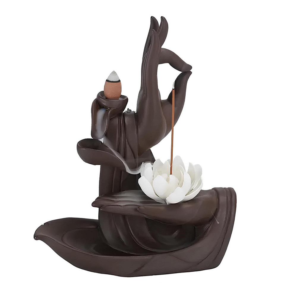 Керамическая подставка для благовоний RESTEQ — Водопад «Жидкий дым», Backflow, 165×78×212 мм, декор Руки с лотосом Киев - изображение 3