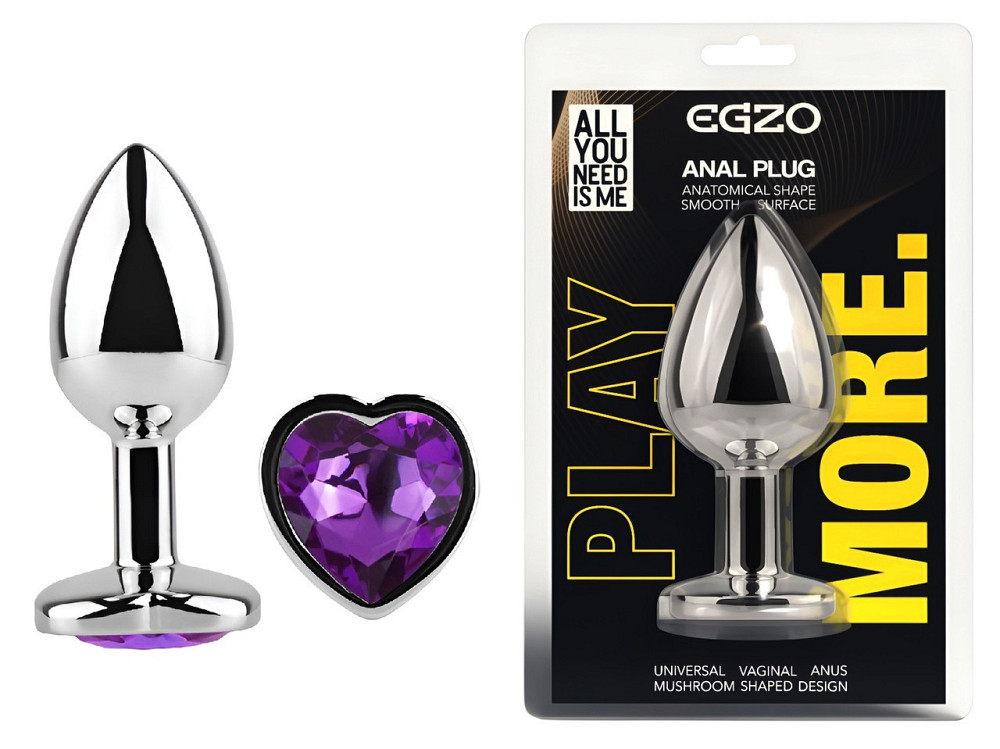 Анальная пробка с кристаллом EGZO - Silver Heart Plug Purple size M Sex Aura Киев - изображение 1