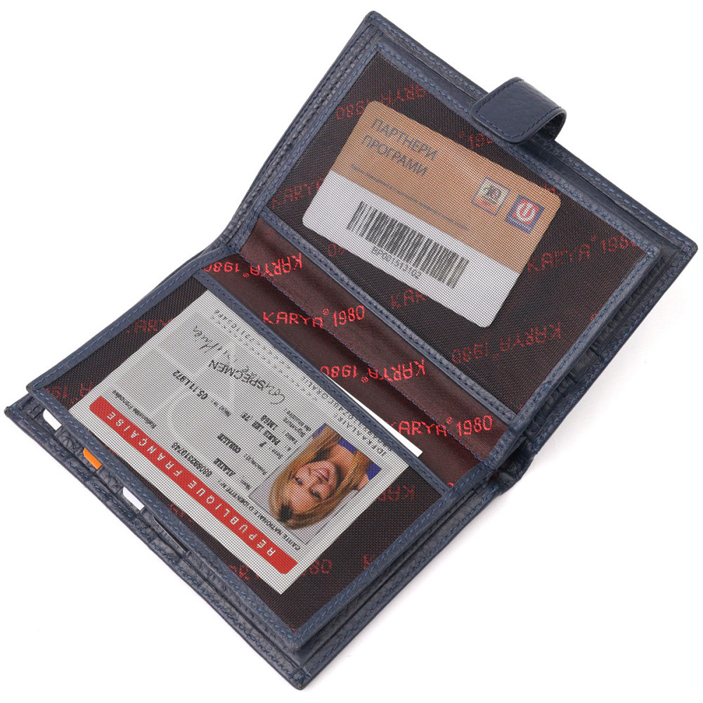Вертикальное мужское портмоне с хлястиком из натуральной кожи KARYA 21190 Синий Киев - изображение 5