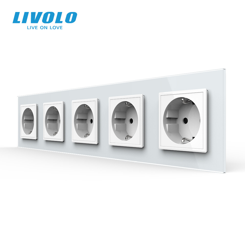 LIVOLO П’ятимісна електрична розетка з заземленням LIVOLO, біла, скляна рамка, шторки, 250В 16А Коломия - фото 1