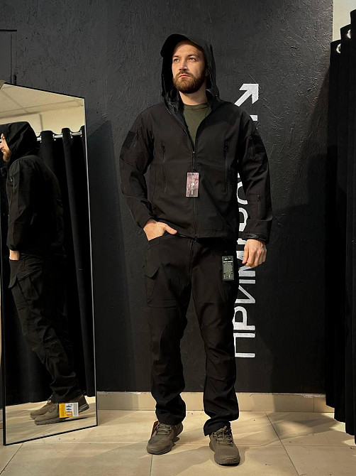 Мужской костюм чёрный softshell тактический летний комплект куртка штаны водонепроницаемый удобный Львов - изображение 2