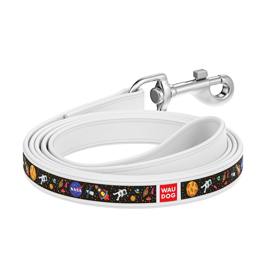 Повідець WAUDOG Design з малюнком "NASA", преміум шкіра (ширина 25 мм, довжина 122 см) білий Коломыя - изображение 1