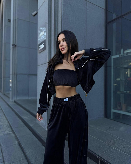 Женский теплый стильный костюм тройка из мягкого велюра. Черный, 46/48 Одесса - изображение 2