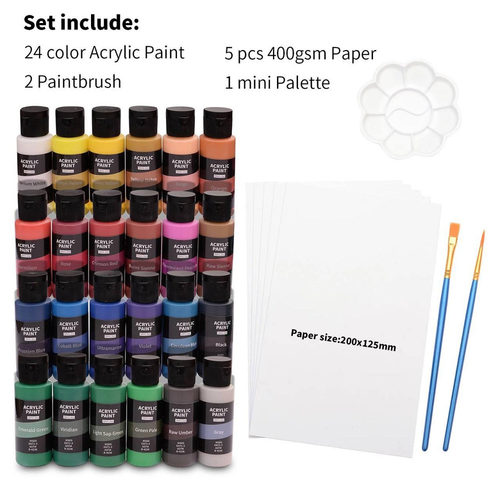 Набір акрилових фарб Acrylic Paint Set 24 пляшки по 59 мл, папір для малювання, палетка та пензлики 2 штуки Кам'янець-Подільський - фото 4
