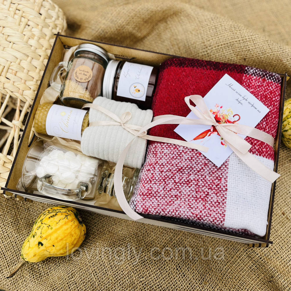 Атмосферний подарунковий набір - плед, какао, маршмело, свічка, крем-мед Ірпінь - фото 1