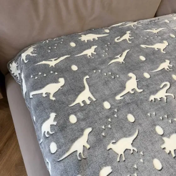 Флисовый полуторный плед 150х100, светящийся в темноте Динозавры серый Коломыя