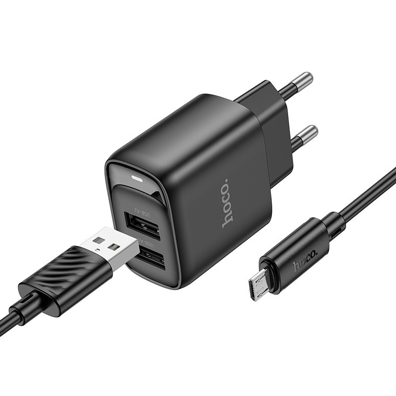 Сетевое зарядное устройство с кабелем HOCO C141A Smart dual-port charger set(Micro) Black Киев - изображение 1