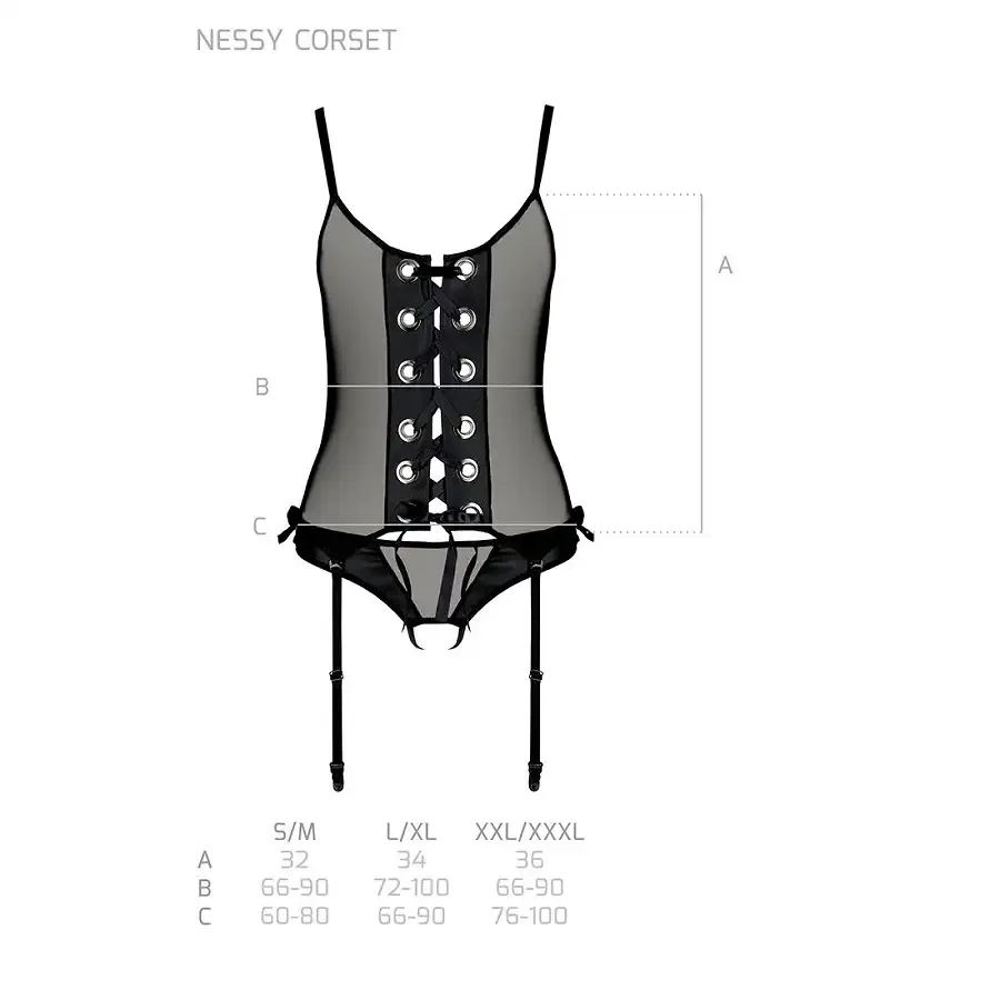 Корсет зі шнурівкою Passion NESSY CORSET L/XL black, стрінги з відкритим доступом, пажі для панчіх Львов - изображение 5