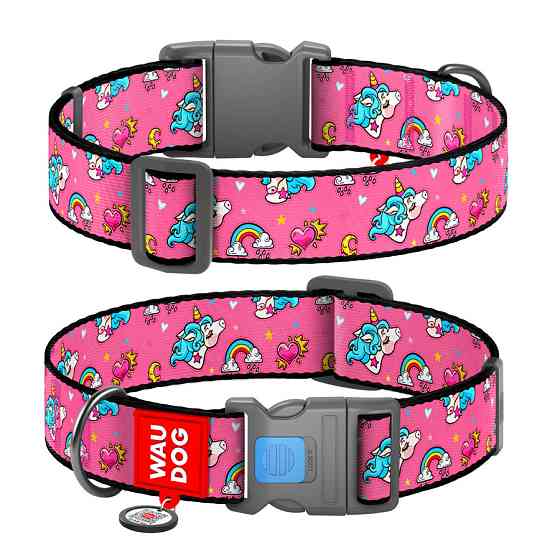 Нашийник для собак нейлоновий WAUDOG Nylon з QR-паспортом, малюнок "Єдинороги", пластиковий фастекс, XXL, Ш 35 Вінниця