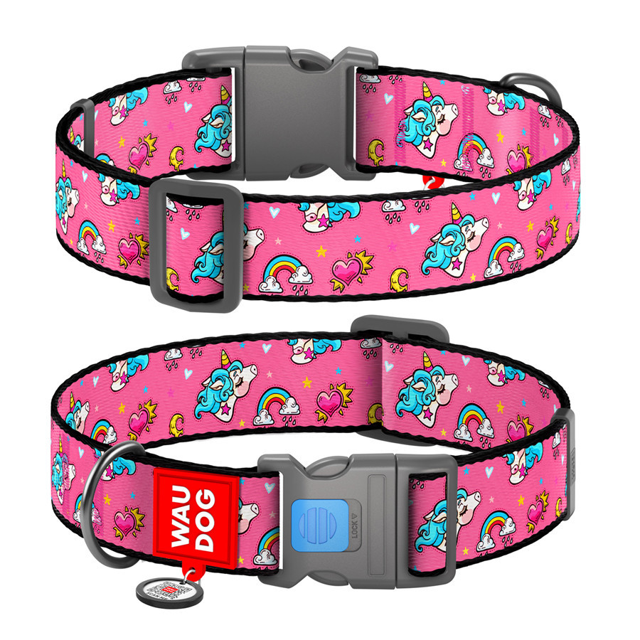 Нашийник для собак нейлоновий WAUDOG Nylon з QR-паспортом, малюнок "Єдинороги", пластиковий фастекс, XXL, Ш 35 Вінниця - фото 1
