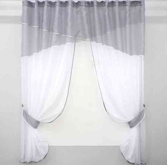 Кухонные шторы VR-Textil № 091к с ламбрекеном и подвязками серый с белым 280х170 см (52-0321) Киев