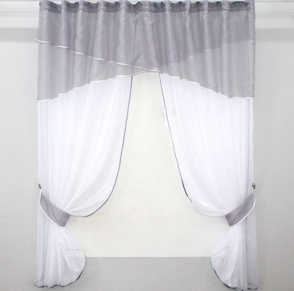 Кухонные шторы VR-Textil № 091к с ламбрекеном и подвязками серый с белым 280х170 см (52-0321) Киев - изображение 1