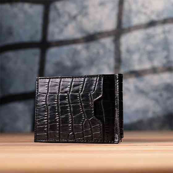 Удобный мужской зажим из натуральной фактурной кожи под крокодила KARYA 22886 Черный Киев