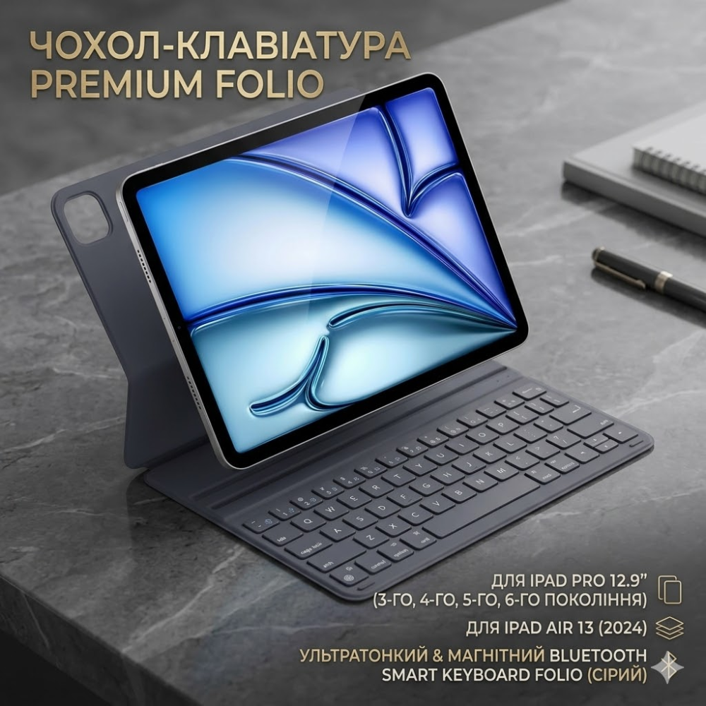 Чохол-клавіатура для iPad Pro 12.9" (3-6 пок) та iPad Air 13" (2024) Magnetic Bluetooth Folio, Сірий Space Grey Київ - фото 1