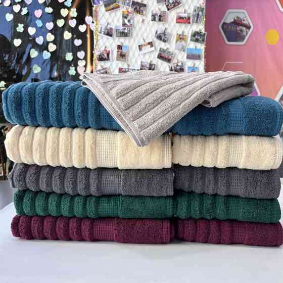 Набір 2 жакардові рушники Lovely Svi для ванної, 70 х 140 см и 50 × 90 см Oxford Stripe бежево - сірий (351124) Київ