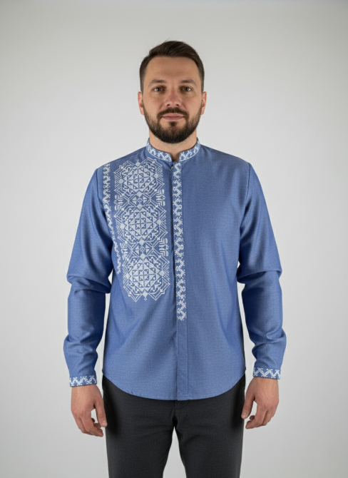 Молодежная мужская вышиванка из домотканого полотна на пуговицах. Киев - изображение 1