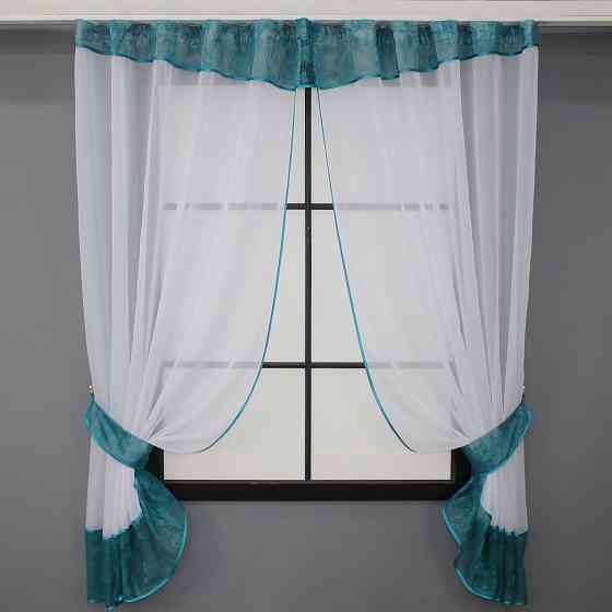 Кухонный комплект VR-Textil № 085к шторки с ламбрекеном белый с бирюзовым 280х170 см (52-0916) Киев