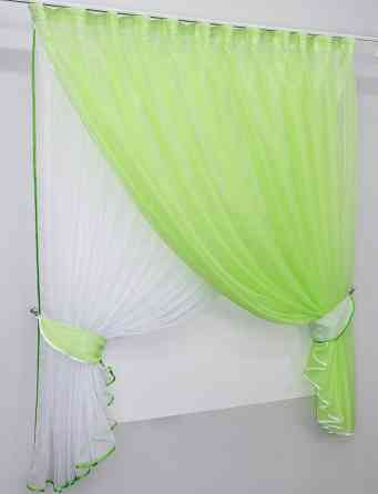 Кухонні шторки VR-Textil № 076к "Дует" з підв'язками салатовий з білим 270х170 см (50-149) Київ