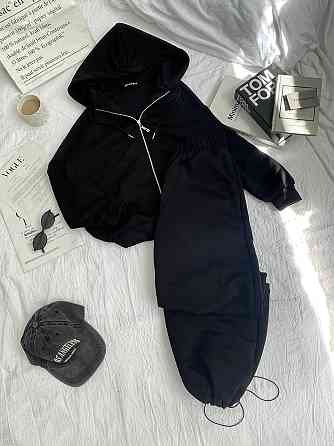 Женский прогулочный оверсайз костюм: кофта на молнии и штаны турецкая трехнить петля Черный Одесса