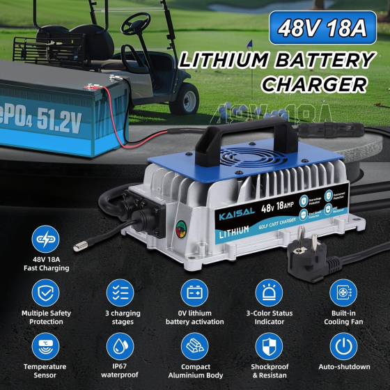 Умное зарядное устройство KAISAL 48V (58.4V) 18A для LiFePO4 аккумуляторов: IP67 Waterproof, 3-этапная зарядка, Blue Киев