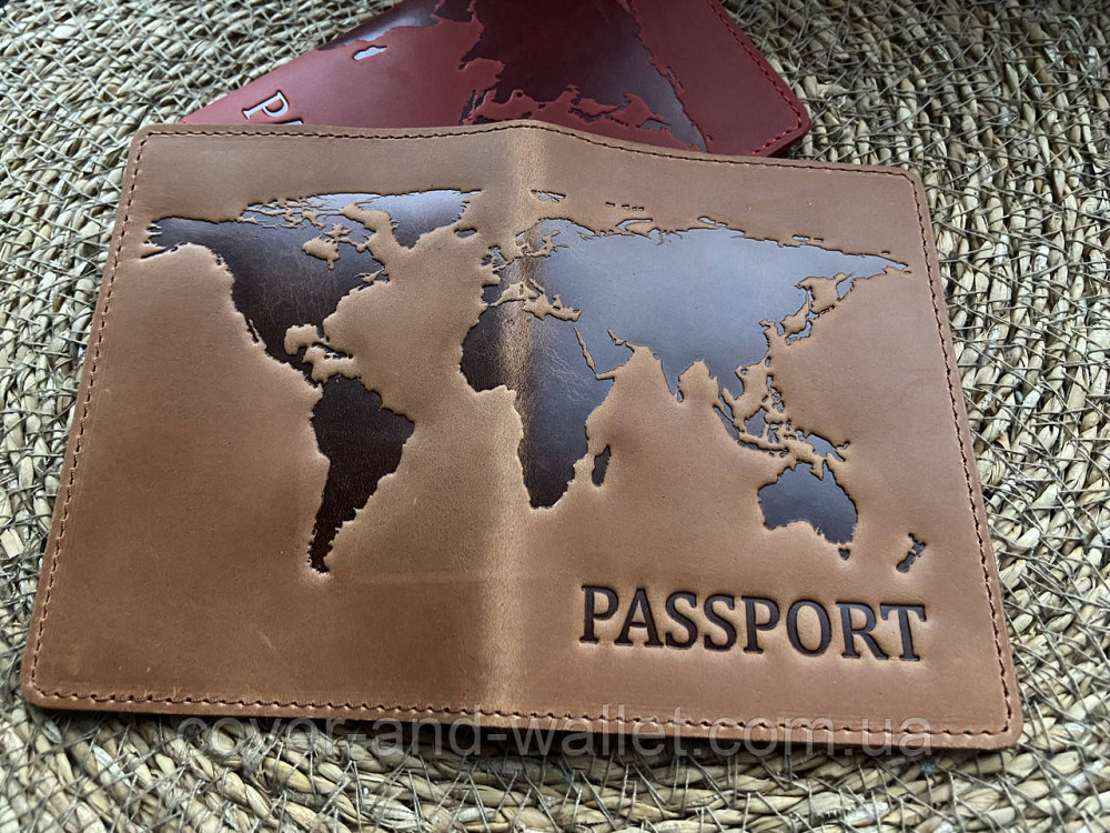 Шкіряна обкладинка на паспорт карта світу жовтого кольору ST Leather Київ - фото 2