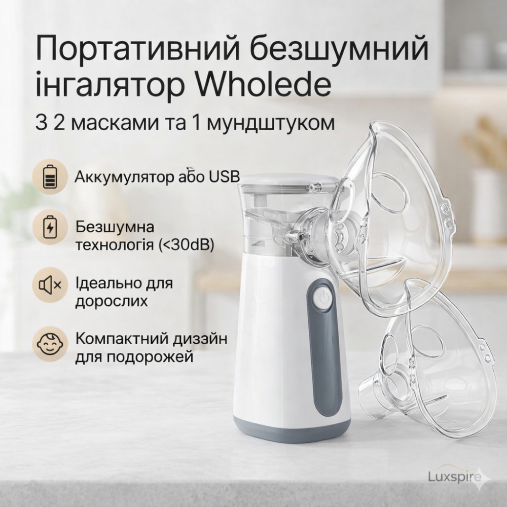 Портативний інгалятор Wholede — безшумний ультразвуковий аерозоль, глибоке дихання будь-де, USB, для дітей і дорослих Київ - фото 1