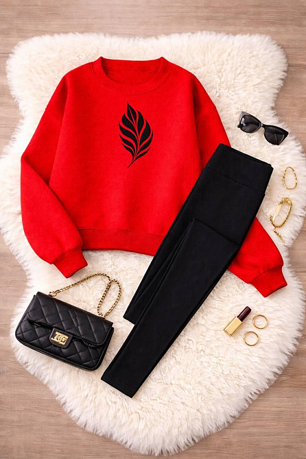 Жіночий стильний теплий костюм-двійка (кофта + солодки) фліс Червоний, 46/48 Одеса - фото 1