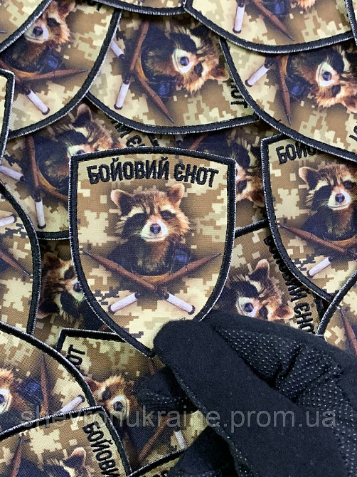 Печатный шеврон боевой енот (Форма щит. На липучке) Размер 9x7см Киев - изображение 5