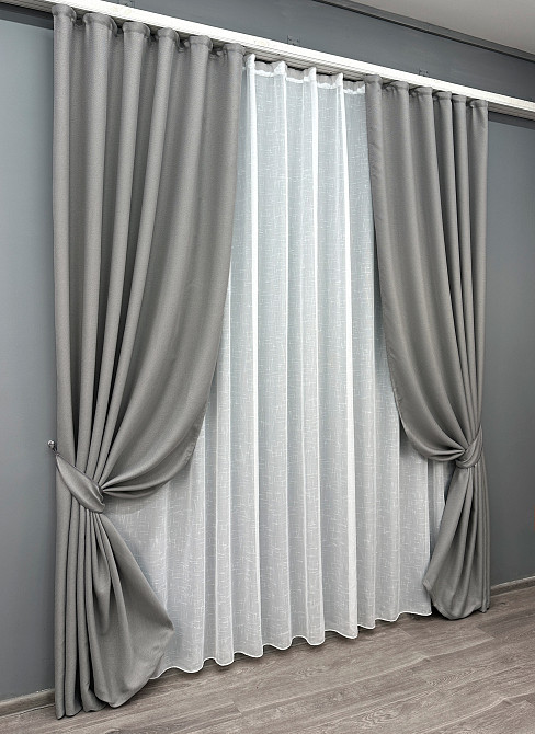 Комплект штор VR-Textil Льон Мішковина 200х270 2шт і Тюль 500х270 867ш-115т світло-сірий з білим 71-060/6 Київ - фото 2