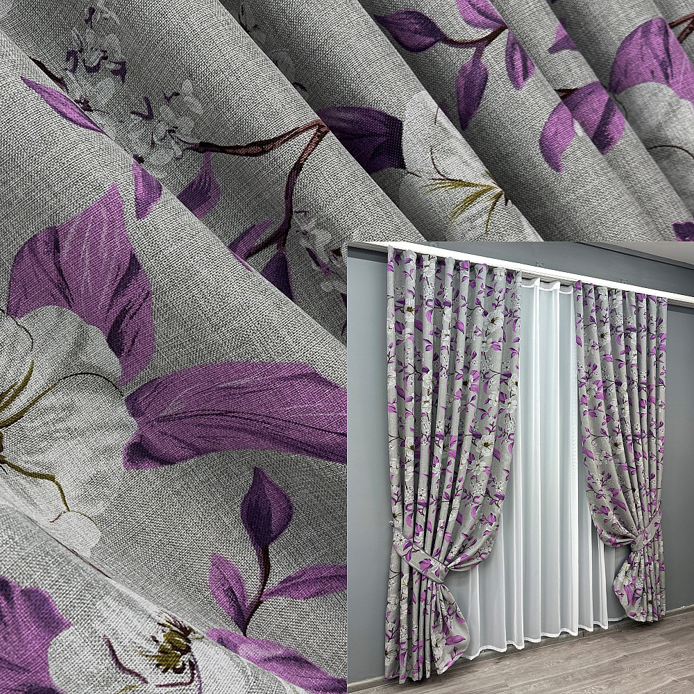 Комплект готовых штор VR-Textil Лен с цветочным принтом «Прованс» № 1820ш Серый с фиолетовым 150х265 см 2 шт (33-0806) Киев - изображение 1