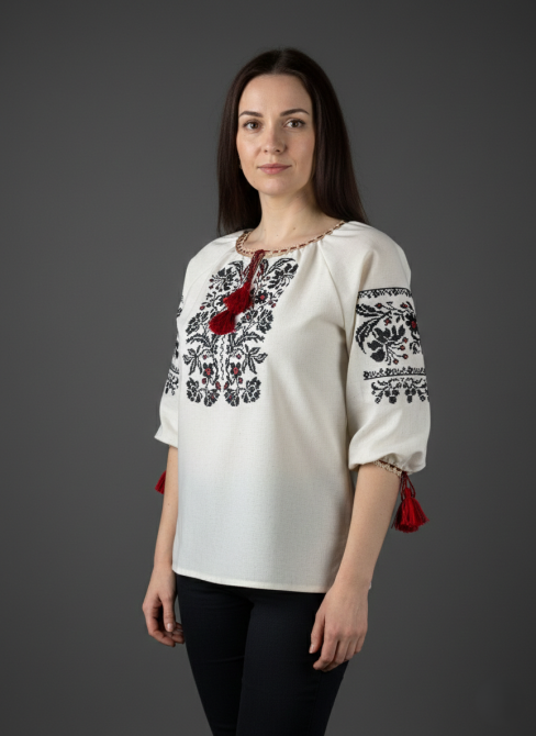 Вышиванка из натурального льна с широкой горловиной «Модерн» черный 52 Киев - изображение 1