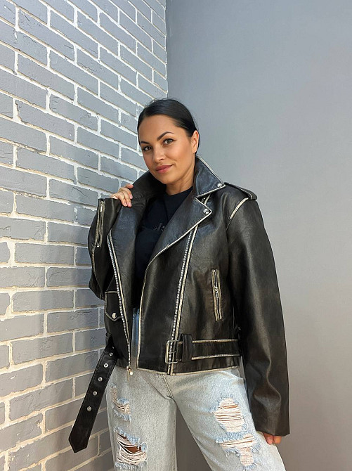 Куртка жіноча Aftf Basic 2456 косуха блискавки пояс варені шви екошкіра чорна, чорний, S Київ - фото 4