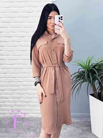 Довга сукня-сорочка з поясом "Marcella" оптом | Батал | Розпродаж моделі 50-52, Капучіно Київ