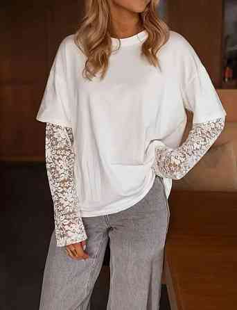 Женский стильный оверсайз лонгслив с гипюровыми рукавами турецкий кулир Одесса