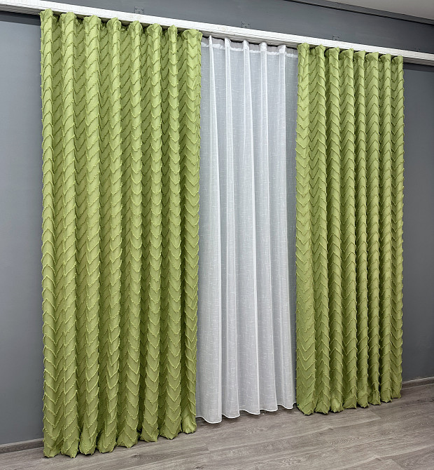 Комплект штор VR-Textil Лен Букле 100х270 2шт и Тюль 400х270 1805ш-115т Оливковый с белым 71-044/2 Киев - изображение 3