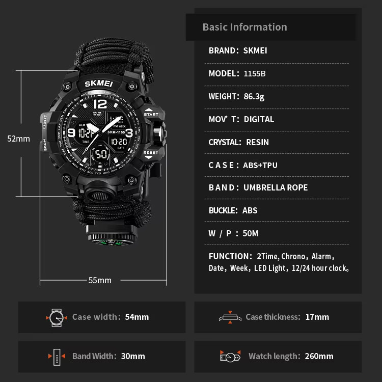 Часы наручные мужские SKMEI 1155BKBK PARACORD IF-80 Киев - изображение 3