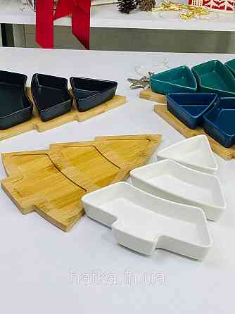 Тарілка менажниця новорічна "Біла Ялинка" кераміка 26*15*h5 см бамбукова підставка 8030-353 Київ