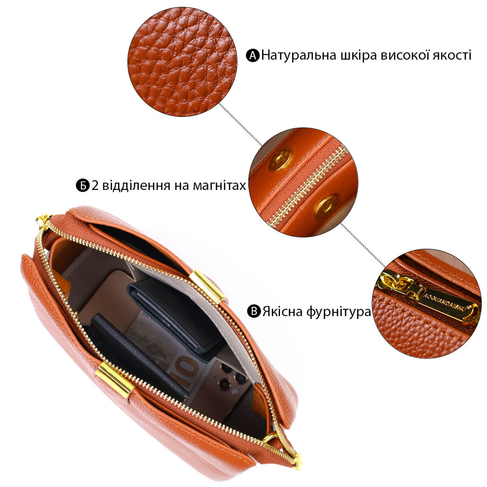 Стильна жіноча сумка на три відділення з натуральної шкіри 22105 Vintage Руда Київ - фото 5