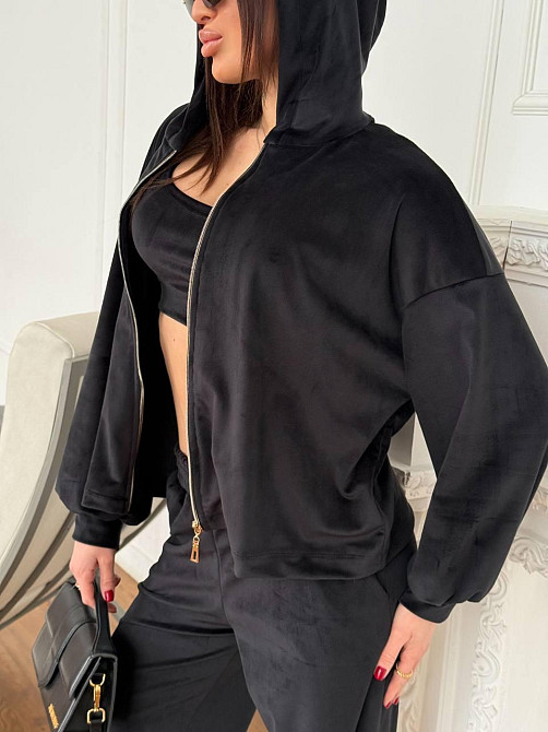 Женский повседневный костюм тройка: кофта, топ и брюки велюр Черный, 48/52 Одесса - изображение 10