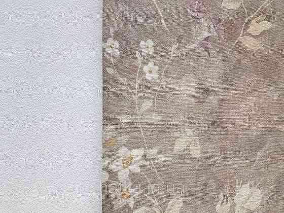 Шпалери вінілові на флізеліні AS creation Perfect 1.06Х10 квіти рожеві бузок жовті на сіро-коричневому Київ