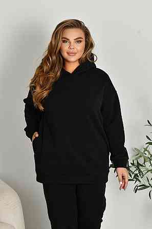 Жіночий прогулянковий костюм: худі та штани батал у спортивному стилі тринитка на флісі Чорний, 64/66 Одеса