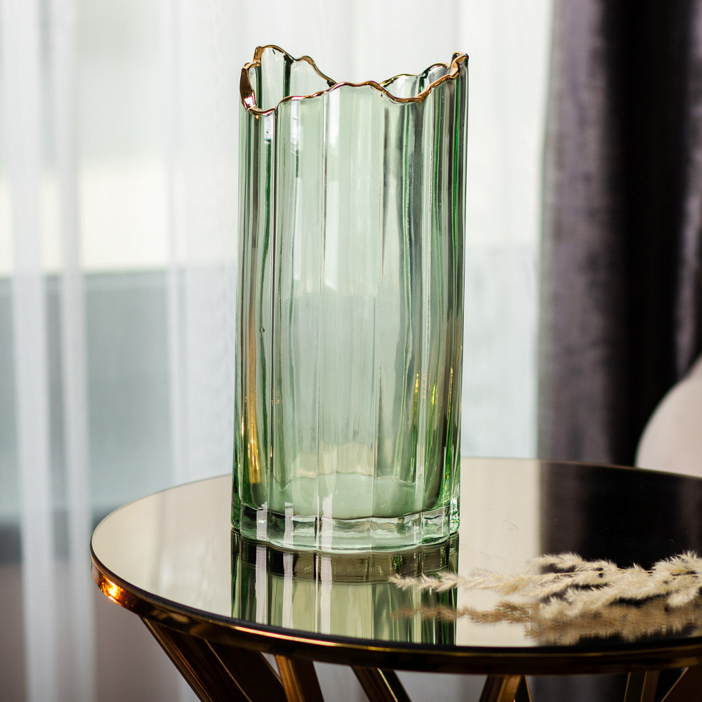 Декоративна ваза із зеленого скла із золотим обідком 24,5 см HP-1715 Київ - фото 4