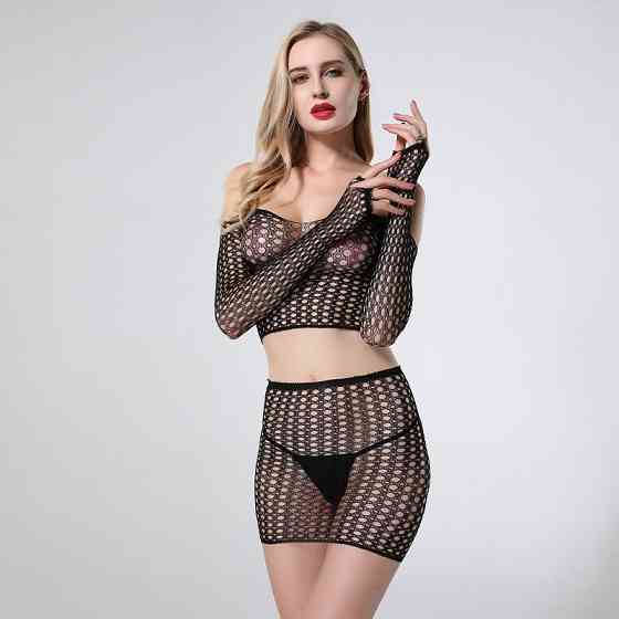 Еротичний комплект топ і спідниця мереживна сітка, сексуальна білизна, зріст: 145–185 см, універсальний One Size чорний, 60110 Кам'янець-Подільський