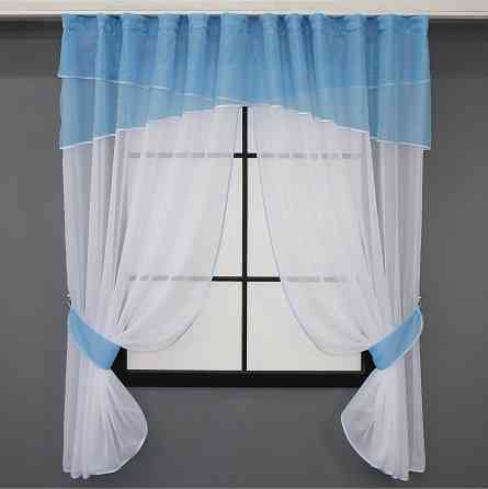 Кухонні штори VR-Textil № 091к з ламбрекеном і підв'язками блакитний з білим 280х170 см (52-0744) Київ