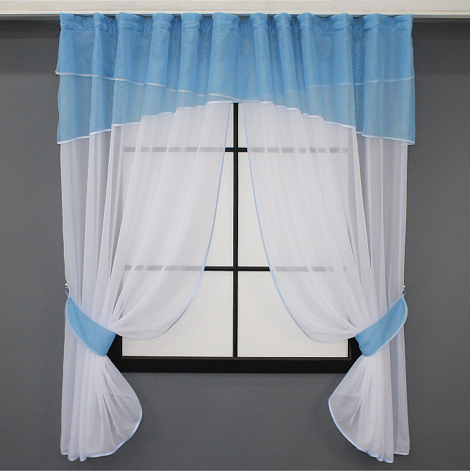 Кухонні штори VR-Textil № 091к з ламбрекеном і підв'язками блакитний з білим 280х170 см (52-0744) Київ - фото 1