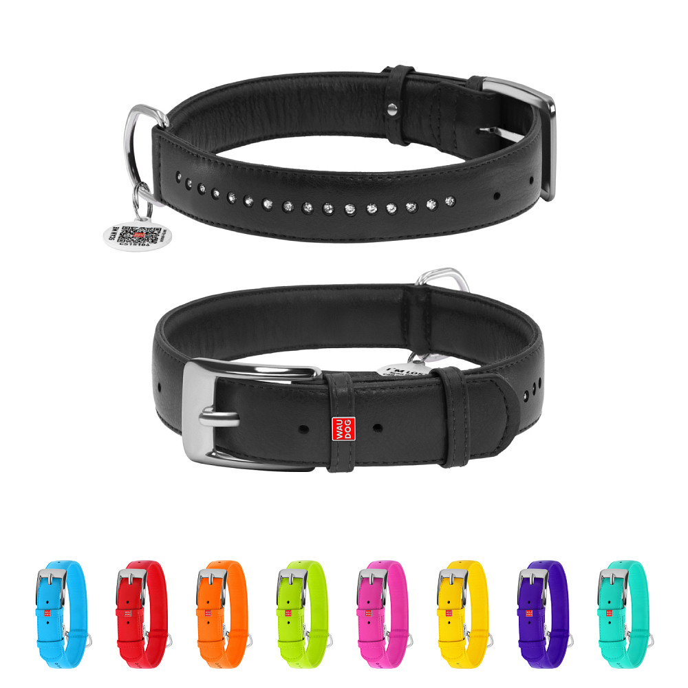 Нашийник для собак шкіряний WAUDOG Glamour з QR паспортом, подвійний зі стразами, L, Ш 25 мм, Д Коломыя - изображение 1