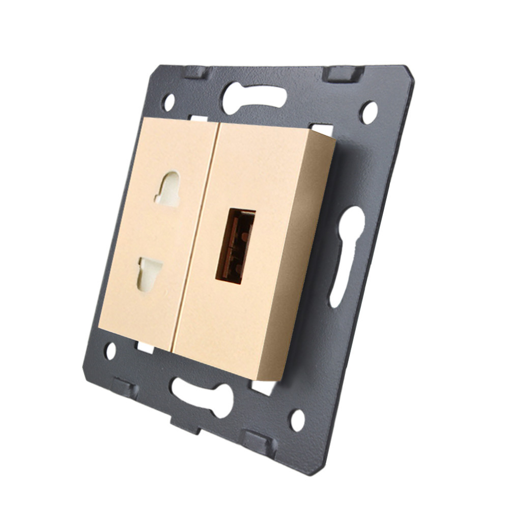 LIVOLO Розетка LIVOLO універсальна + USB зарядка 5V 2.1A, золота, 16А 230В, з шторками, модуль Київ - фото 1