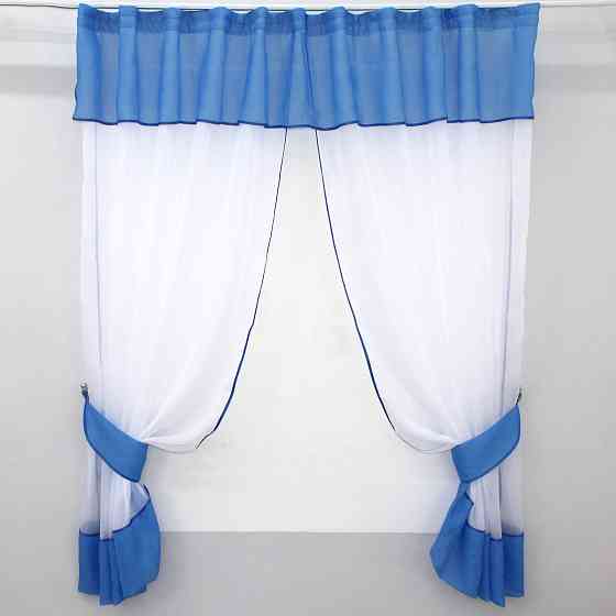 Кухонные шторы VR-Textil № 00к с ламбрекеном и подвязками белый с голубым 280х170 см (59-552) Киев