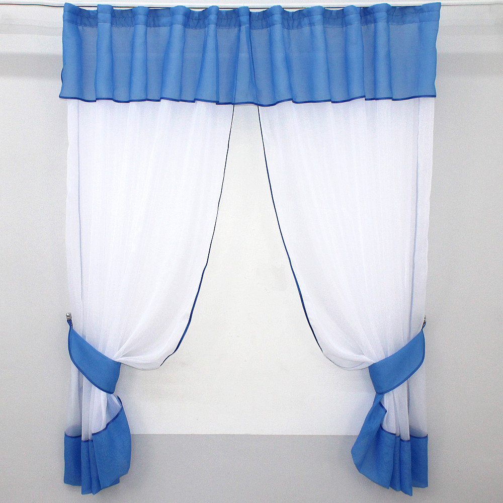 Кухонные шторы VR-Textil № 00к с ламбрекеном и подвязками белый с голубым 280х170 см (59-552) Киев - изображение 1