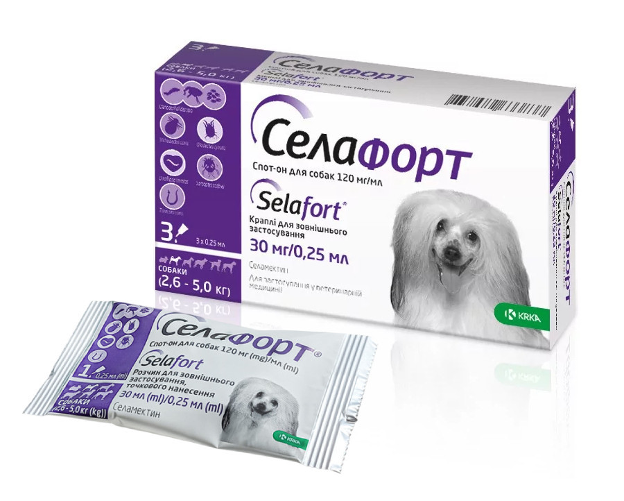 Селафорт (Selafort) капли от блох клещей и гельминтов для собак весом 2.6-5 кг 1 пипетка KRKA Срок до 01.2027г Винница - изображение 1